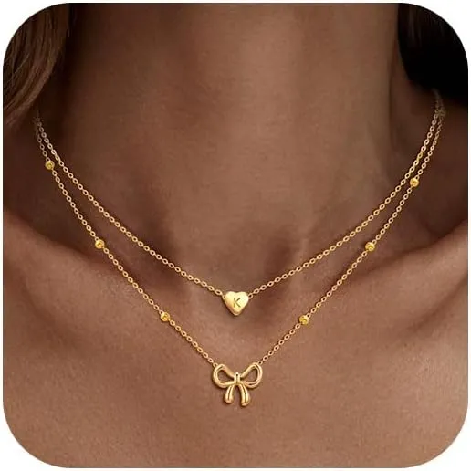 KSF Gold Bow Necklace for Women - Layered Bow Heart Gold Necklace for Women Trendy Dainty 14K Gold Plated Heart Initial Choker Chain Layered Bow Pendant Jewelry Gifts