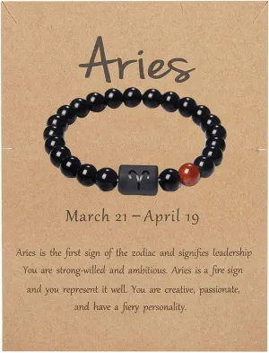 LAKIYOYO Zodiac Bracelet for Men Women Adjustable Natural Black Onyx Stone Bracelet 8mm 10mm Star Sign Constellation Horoscope Bracelet Gifts