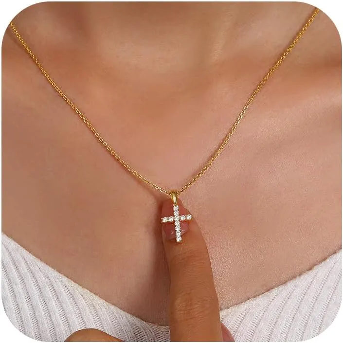 LANE WOODS Moissanite Small Cross Necklace for Women: Dainty Tiny 14K Gold Plated Sterling Silver Pendant Simulated Diamond Layered Chain Necklace Minimalism Jewelry
