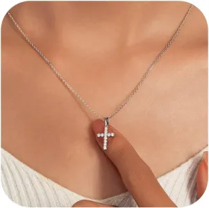 LANE WOODS Moissanite Small Cross Necklace for Women: Dainty Tiny 14K Gold Plated Sterling Silver Pendant Simulated Diamond Layered Chain Necklace Minimalism Jewelry