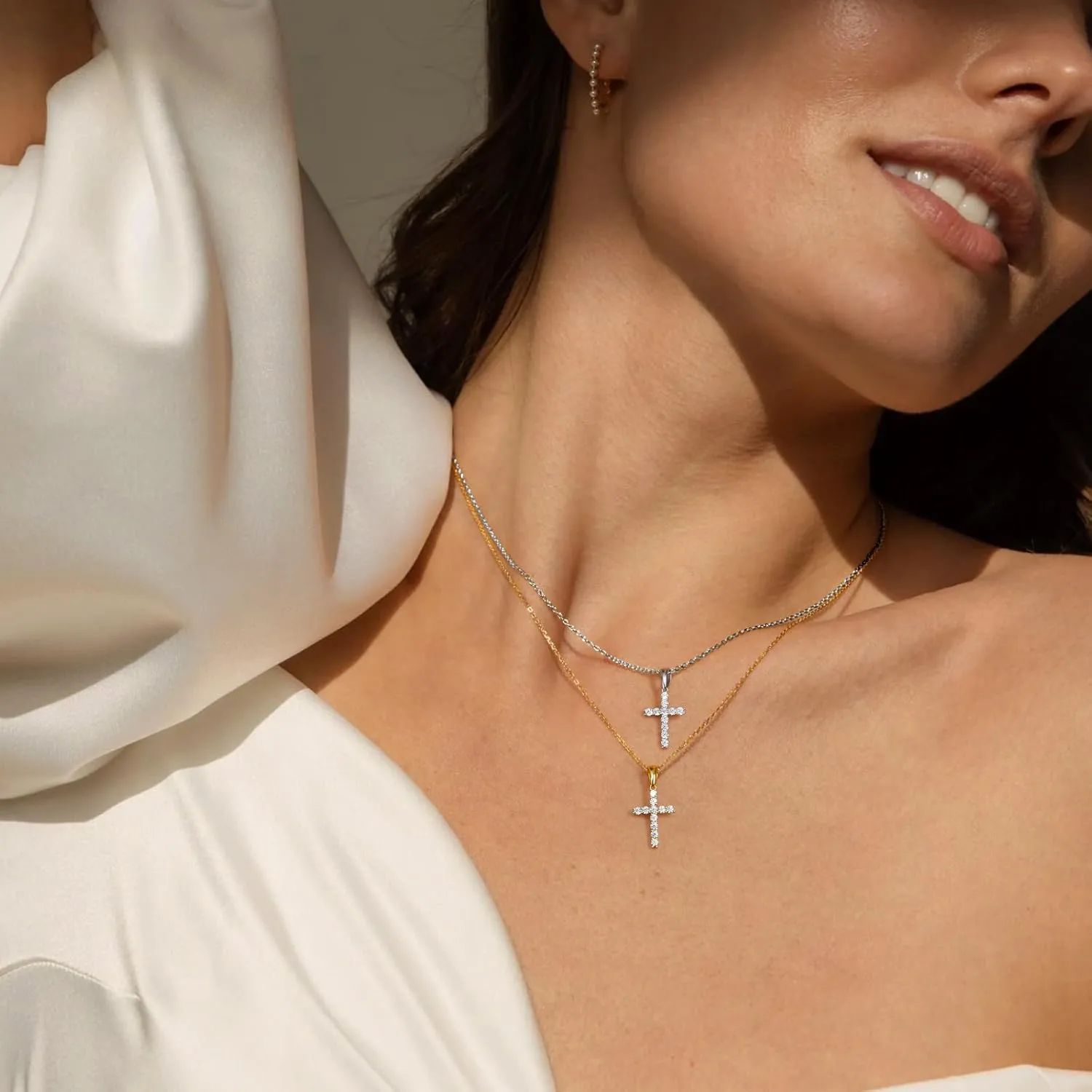 LANE WOODS Moissanite Small Cross Necklace for Women: Dainty Tiny 14K Gold Plated Sterling Silver Pendant Simulated Diamond Layered Chain Necklace Minimalism Jewelry
