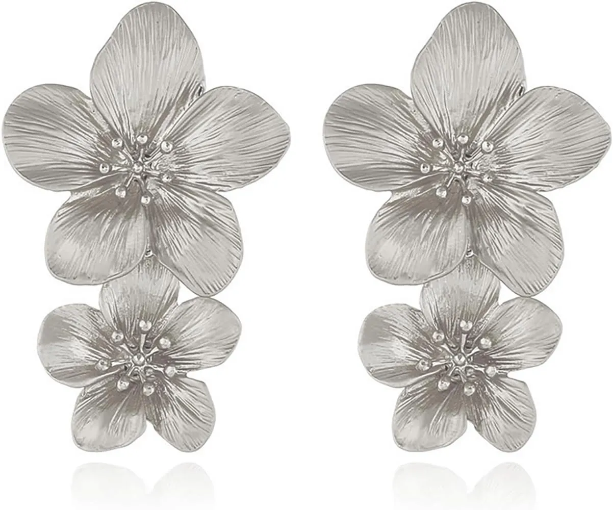 Large Double Flower Dangle Earrings for Women Boho14k Gold Silver Statement Floral Drop Earrings Romantic Unique Elegant Flower Jewelry Gift