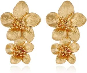Large Double Flower Earrings - Candy Color Metal Dangle Earrings, Romantic Boho Sweet Gold Chic Wild Statement Earrings for Women Wedding Party Jewelry - Gold