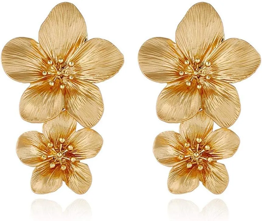 Large Double Flower Earrings - Candy Color Metal Dangle Earrings, Romantic Boho Sweet Gold Chic Wild Statement Earrings for Women Wedding Party Jewelry - Gold