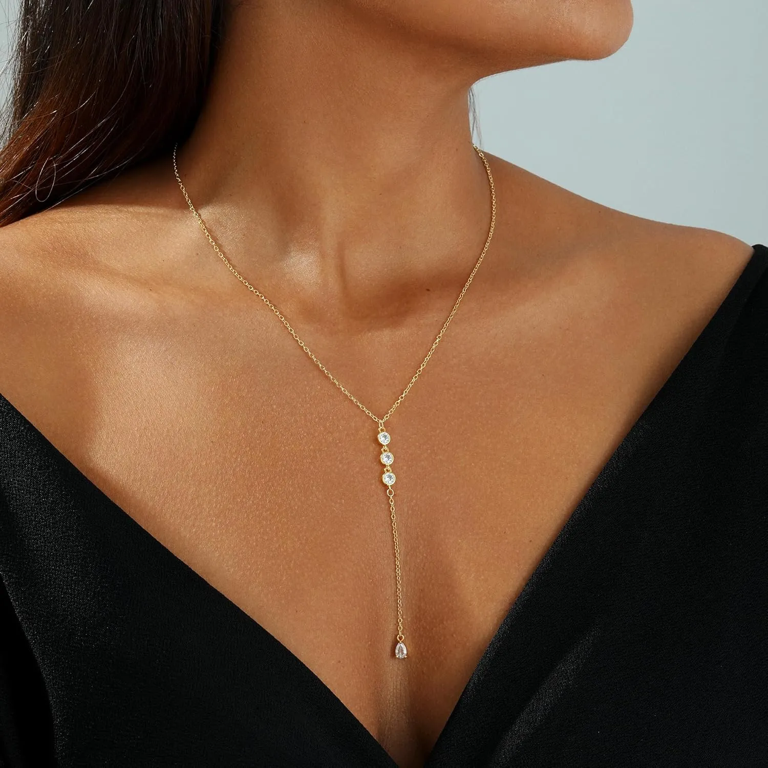 Lariat Gold Necklace for Women, 14k Gold Plated/Silver Y-Shaped Pendant Necklace Trendy Layered Zirconia Lip Chain Drop Long Necklaces for Women Jewelry Gifts