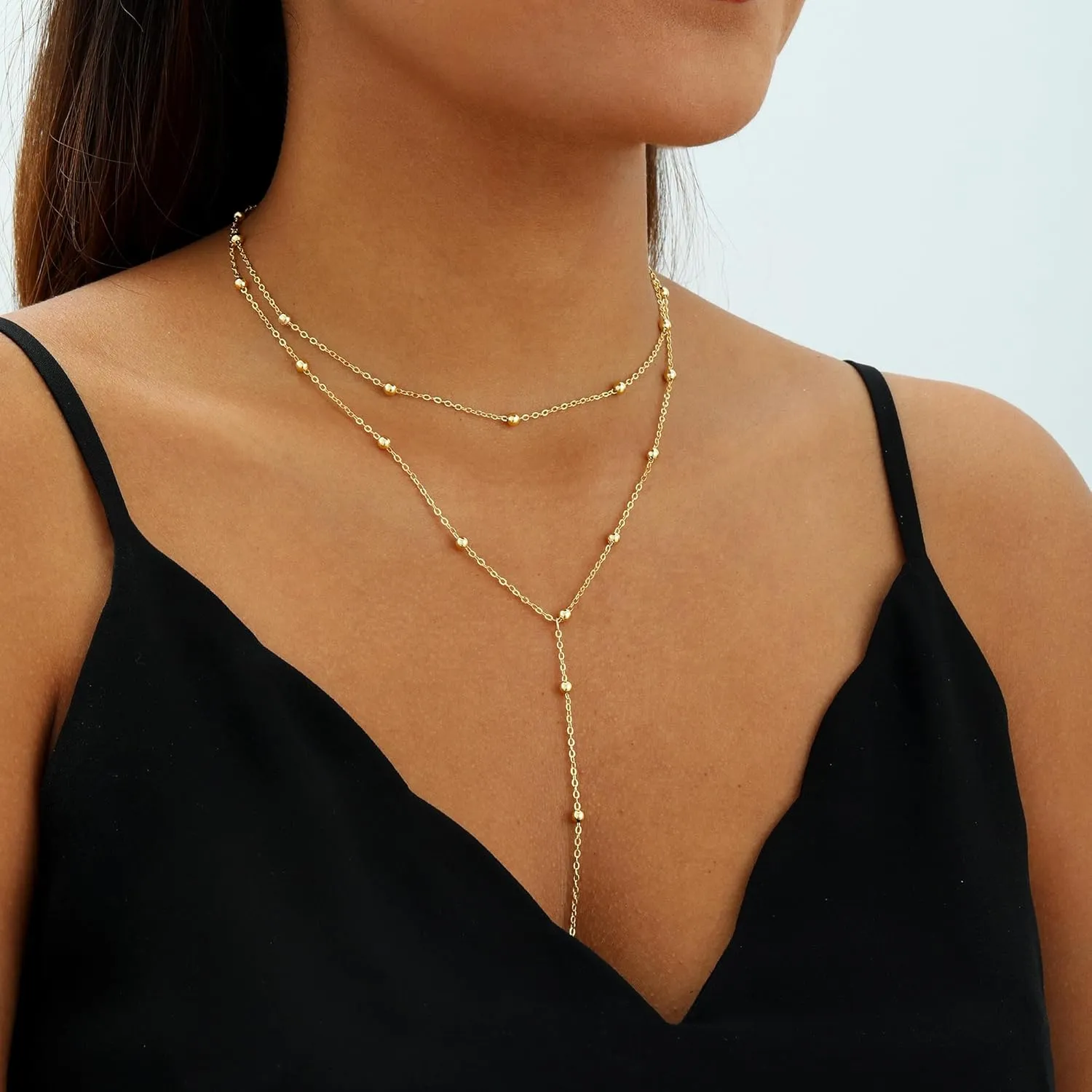 Lariat Gold Necklace for Women, 14k Gold Plated/Silver Y-Shaped Pendant Necklace Trendy Layered Zirconia Lip Chain Drop Long Necklaces for Women Jewelry Gifts