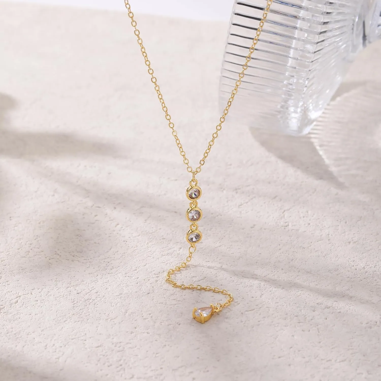 Lariat Gold Necklace for Women, 14k Gold Plated/Silver Y-Shaped Pendant Necklace Trendy Layered Zirconia Lip Chain Drop Long Necklaces for Women Jewelry Gifts