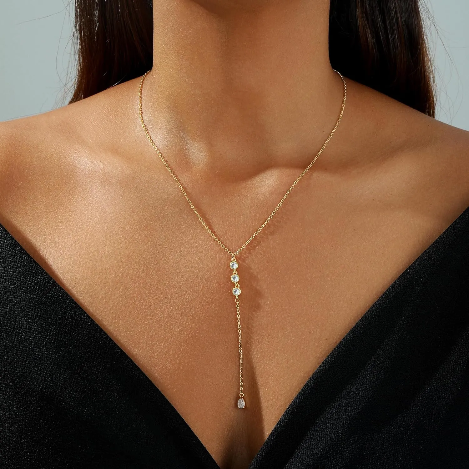 Lariat Gold Necklace for Women, 14k Gold Plated/Silver Y-Shaped Pendant Necklace Trendy Layered Zirconia Lip Chain Drop Long Necklaces for Women Jewelry Gifts