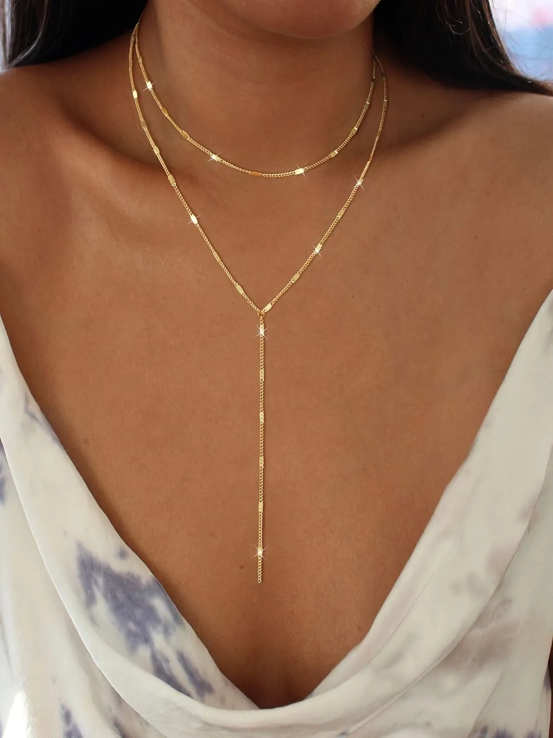 Lariat Gold Necklace for Women, 14k Gold Plated/Silver Y-Shaped Pendant Necklace Trendy Layered Zirconia Lip Chain Drop Long Necklaces for Women Jewelry Gifts