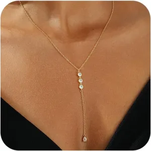 Lariat Gold Necklace for Women, 14k Gold Plated/Silver Y-Shaped Pendant Necklace Trendy Layered Zirconia Lip Chain Drop Long Necklaces for Women Jewelry Gifts