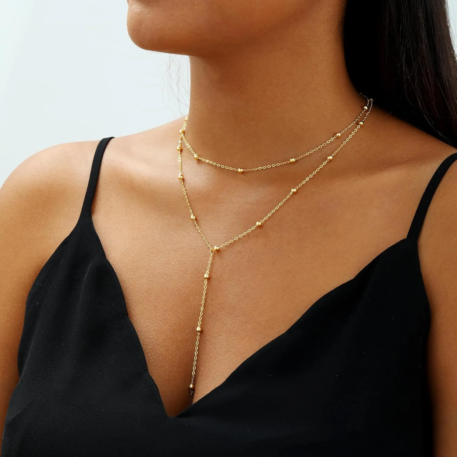 Lariat Gold Necklace for Women, 14k Gold Plated/Silver Y-Shaped Pendant Necklace Trendy Layered Zirconia Lip Chain Drop Long Necklaces for Women Jewelry Gifts