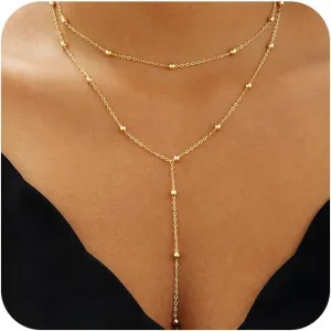 Lariat Gold Necklace for Women, 14k Gold Plated/Silver Y-Shaped Pendant Necklace Trendy Layered Zirconia Lip Chain Drop Long Necklaces for Women Jewelry Gifts