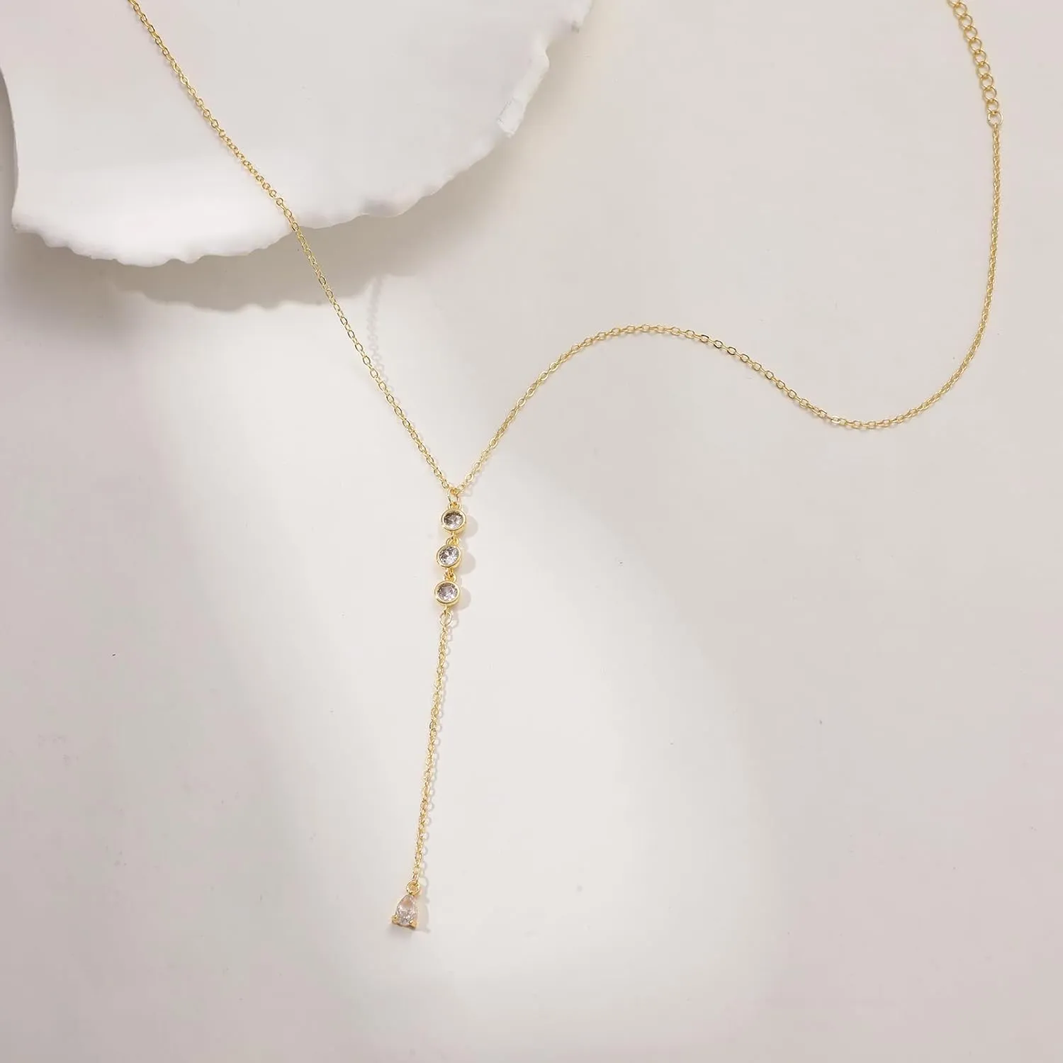Lariat Gold Necklace for Women, 14k Gold Plated/Silver Y-Shaped Pendant Necklace Trendy Layered Zirconia Lip Chain Drop Long Necklaces for Women Jewelry Gifts