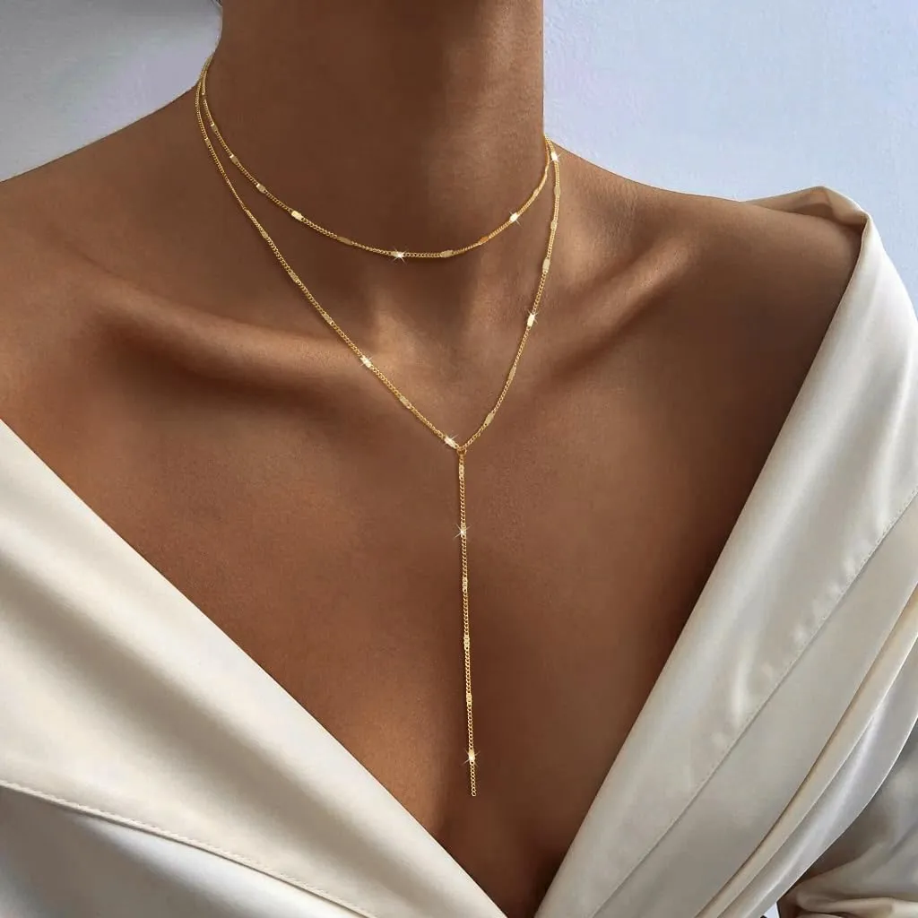 Lariat Gold Necklace for Women, 14k Gold Plated/Silver Y-Shaped Pendant Necklace Trendy Layered Zirconia Lip Chain Drop Long Necklaces for Women Jewelry Gifts