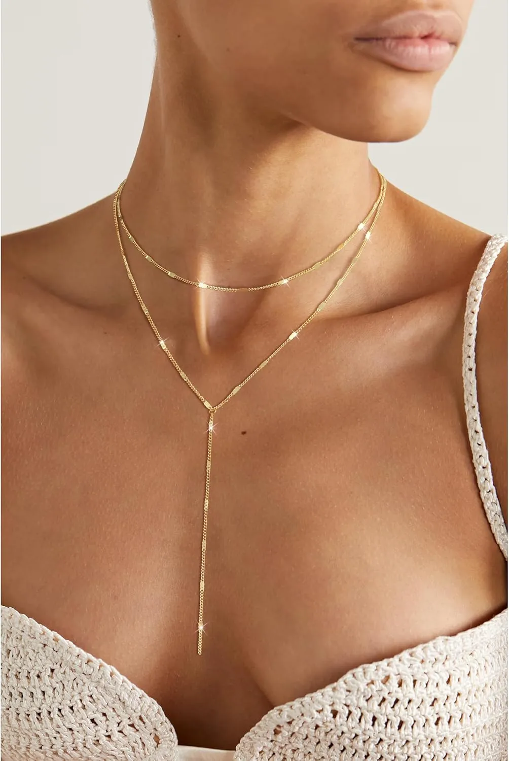 Lariat Gold Necklace for Women, 14k Gold Plated/Silver Y-Shaped Pendant Necklace Trendy Layered Zirconia Lip Chain Drop Long Necklaces for Women Jewelry Gifts