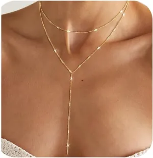 Lariat Gold Necklace for Women, 14k Gold Plated/Silver Y-Shaped Pendant Necklace Trendy Layered Zirconia Lip Chain Drop Long Necklaces for Women Jewelry Gifts