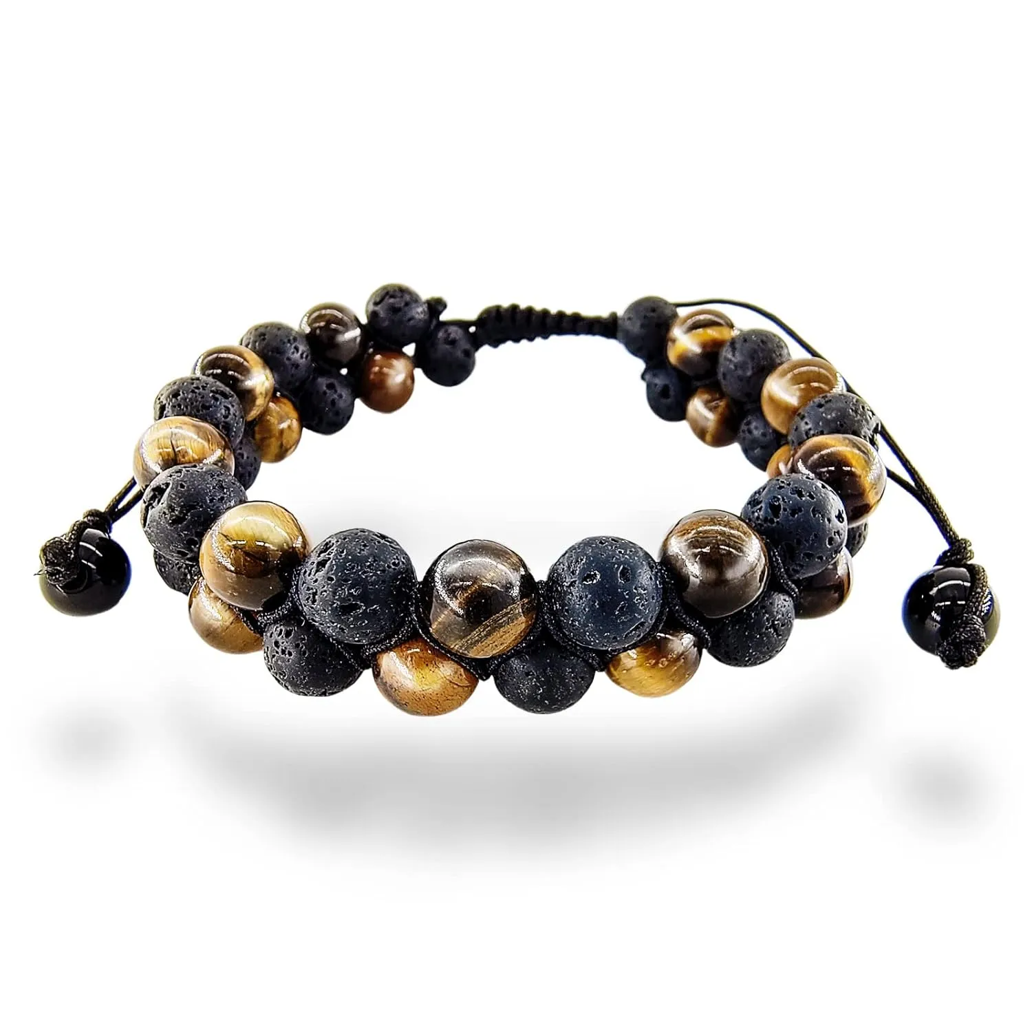 Lava Rock Stone Bracelet Double Row Healing Wrap Adjustable Woven Bracelets Yoga Stone Beads Bracelets Meditation Relax Anxiety Bangle for Womens Mens (black)