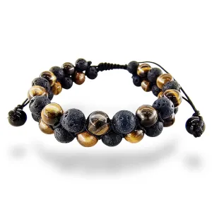 Lava Rock Stone Bracelet Double Row Healing Wrap Adjustable Woven Bracelets Yoga Stone Beads Bracelets Meditation Relax Anxiety Bangle for Womens Mens (black)