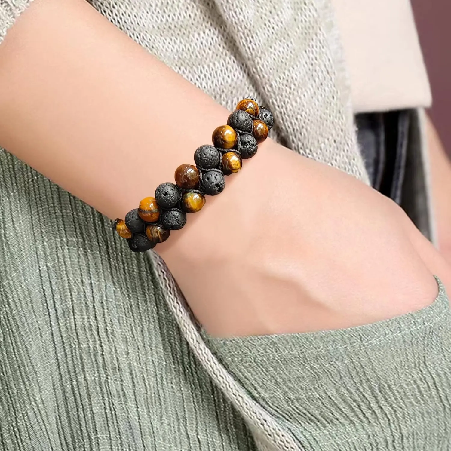 Lava Rock Stone Bracelet Double Row Healing Wrap Adjustable Woven Bracelets Yoga Stone Beads Bracelets Meditation Relax Anxiety Bangle for Womens Mens (black)