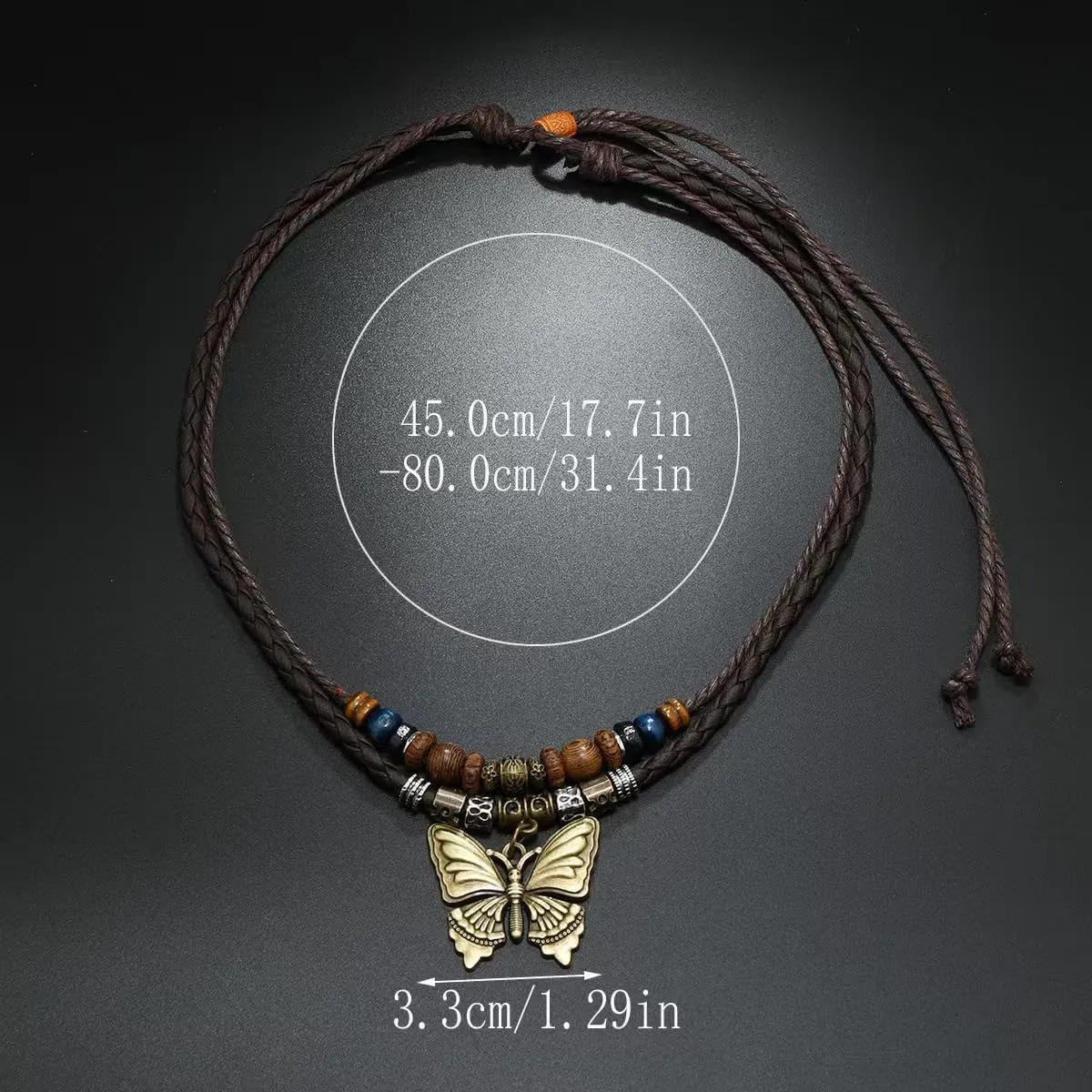 Layered Bohemian Wooden Bead Necklace Copper Butterfly Pendant Necklace Fashion Tribal Style Leather Cord Necklace Adjustable Wooden Bead Layered Braided Rope Jewelry