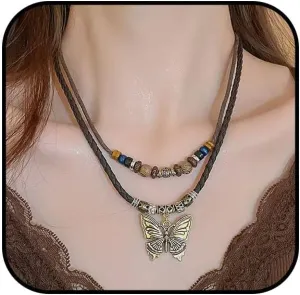 Layered Bohemian Wooden Bead Necklace Copper Butterfly Pendant Necklace Fashion Tribal Style Leather Cord Necklace Adjustable Wooden Bead Layered Braided Rope Jewelry
