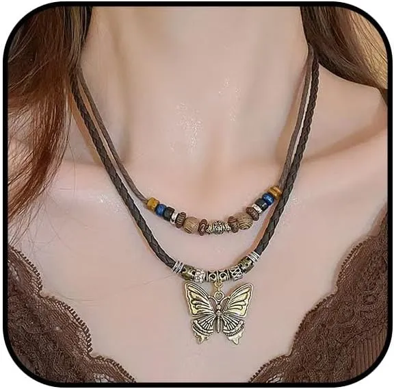 Layered Bohemian Wooden Bead Necklace Copper Butterfly Pendant Necklace Fashion Tribal Style Leather Cord Necklace Adjustable Wooden Bead Layered Braided Rope Jewelry