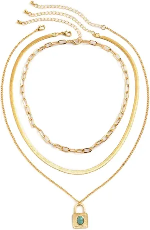Layered Necklace, Gold Layering Necklaces Aesthetic 3 Layer Gold Imitation Turquoise Lock Design Friendship Cute Jewelry