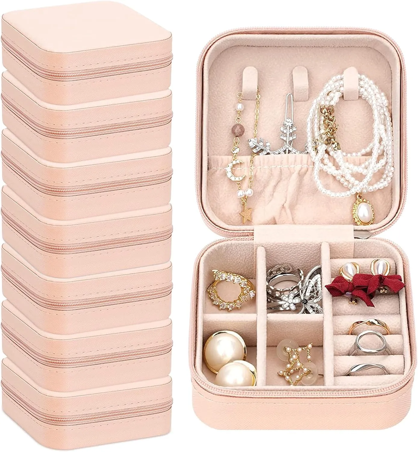 Leezmark 8 Pcs Jewelry Travel Case, Bridesmaid Gifts Set Of 6 & 8, Velvet Portable Jewelry Travel Organizer Small Jewelry Box Bridesmaid Proposal Gifts Box Mini Storage Organizer Storage Box, Pink