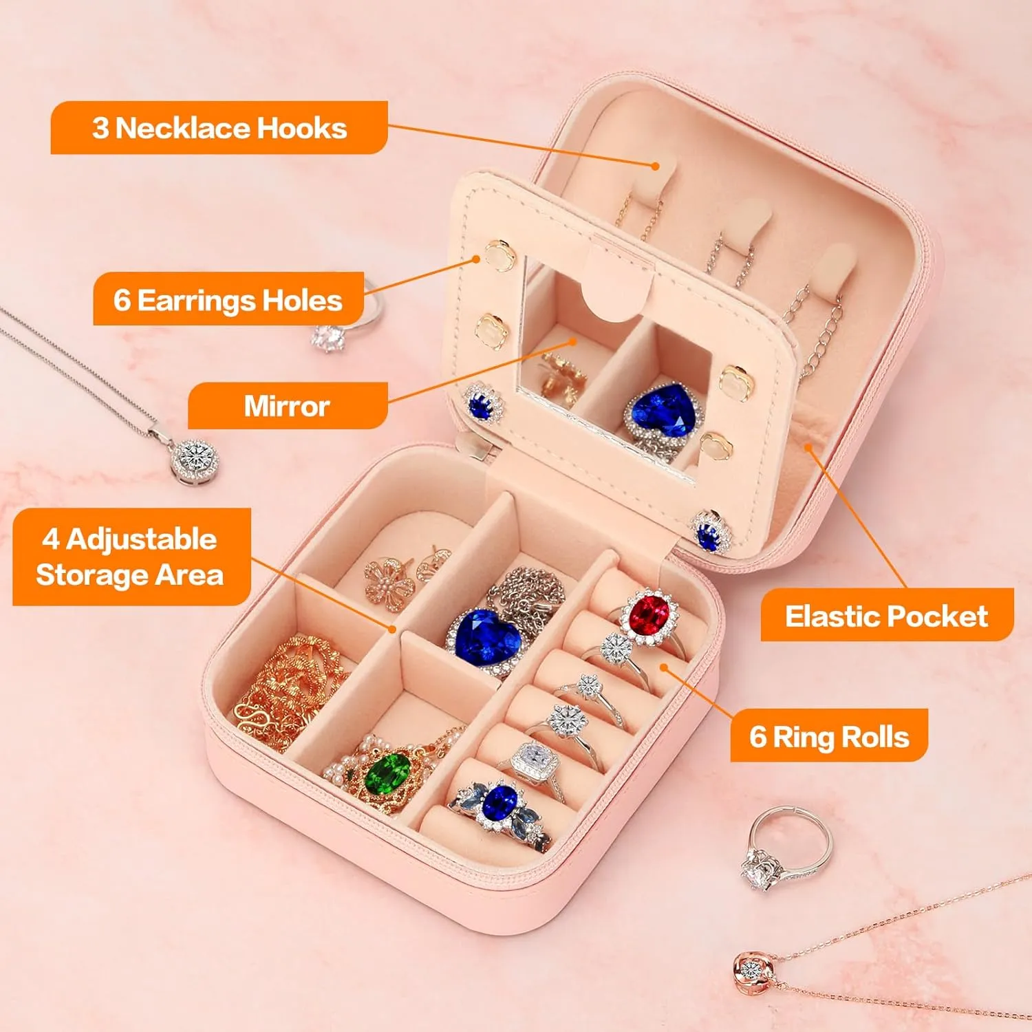 LETURE Travel Jewelry Case Small Jewelry Box Jewelry Organizer with Mirror, Unique Gifts for Women Teen Girl Mom Grandma gifts, Ring Necklace Earring Jewelry Holder Organizer Box (G)