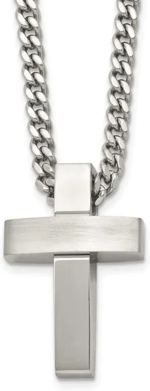 Lex & Lu Chisel Stainless Steel Brushed and Polished Cross Necklace 20''