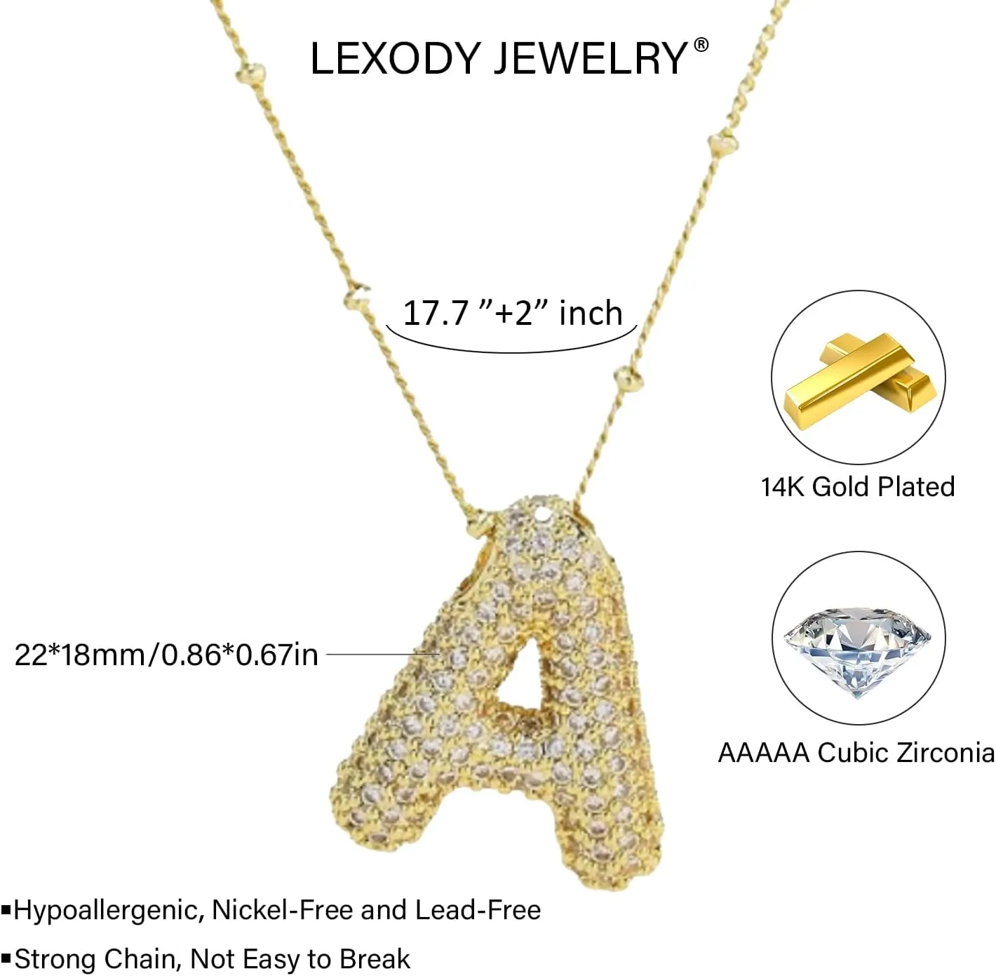 LEXODY Gold Initial Letter Necklace for Women, Dainty 14K Gold A-Z Diamond Initial Necklaces Trendy Simple Chunky Cubic Zirconia Alphabet Necklace Waterproof Jewelry for Women Gifts