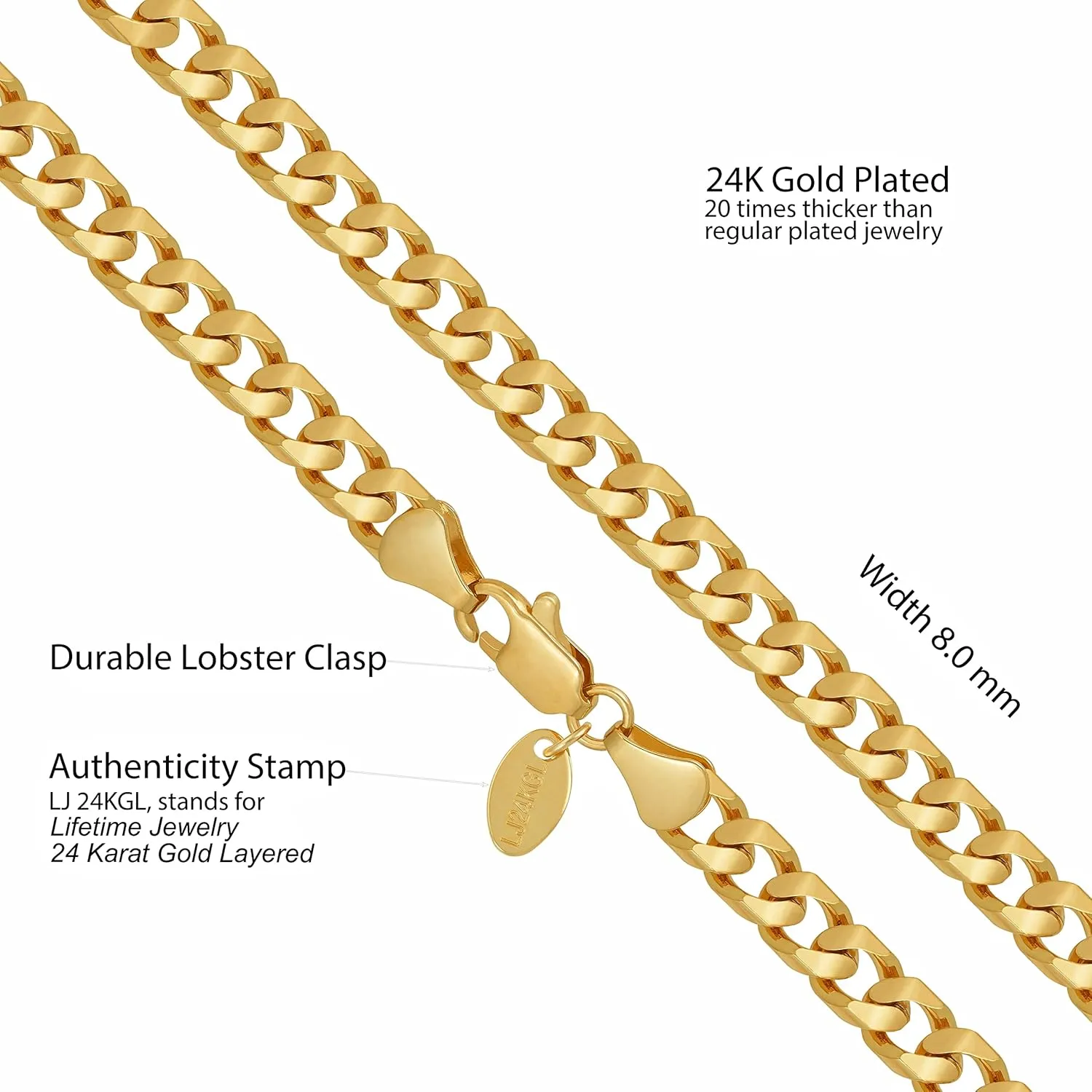 LIFETIME JEWELRY 8mm Cuban Curb Link Chain Necklaces for Women & Men 24k Gold Plated