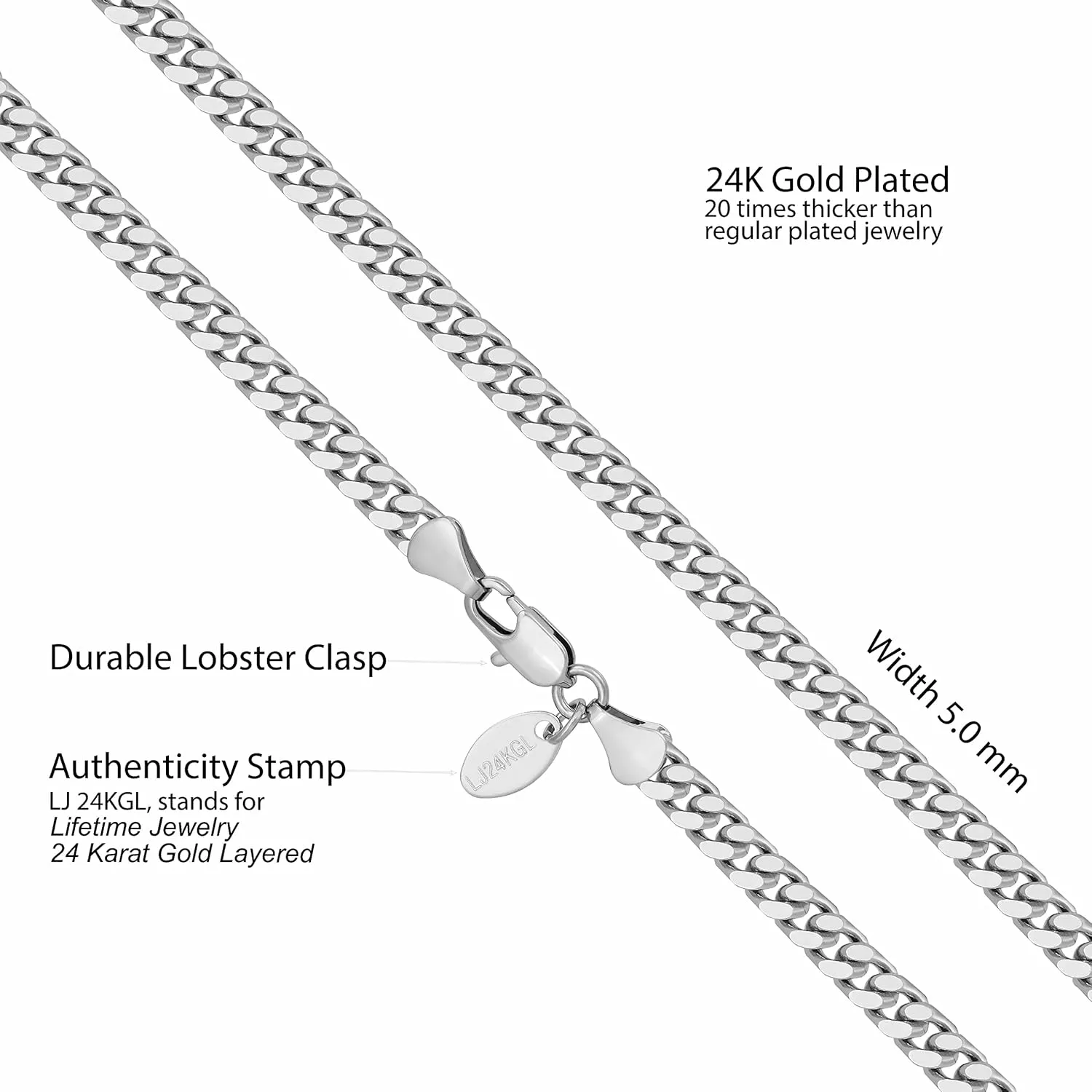 LIFETIME JEWELRY Miami Curb Square Cut Cuban Link Chain Necklaces 24k Gold Plated (5mm & 9.5mm)