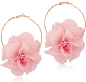 Lightweight Bohemian Big Fabric Flowers Dangle Drop Earrings Handmade Charm Chic Petal Hoop Earrings with Chiffon Floral Tassel for Women Vacation Wedding