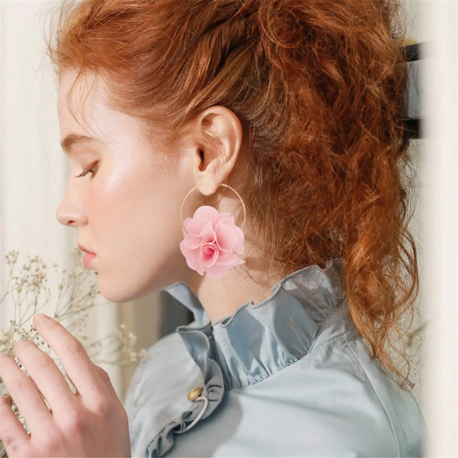 Lightweight Bohemian Big Fabric Flowers Dangle Drop Earrings Handmade Charm Chic Petal Hoop Earrings with Chiffon Floral Tassel for Women Vacation Wedding