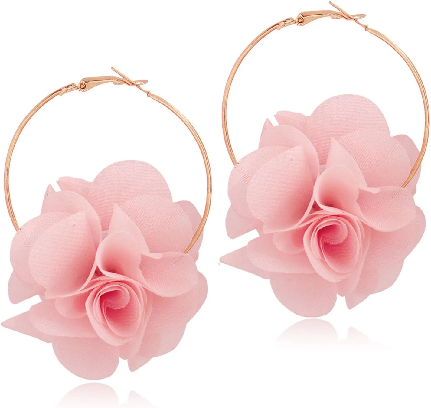 Lightweight Bohemian Big Fabric Flowers Dangle Drop Earrings Handmade Charm Chic Petal Hoop Earrings with Chiffon Floral Tassel for Women Vacation Wedding
