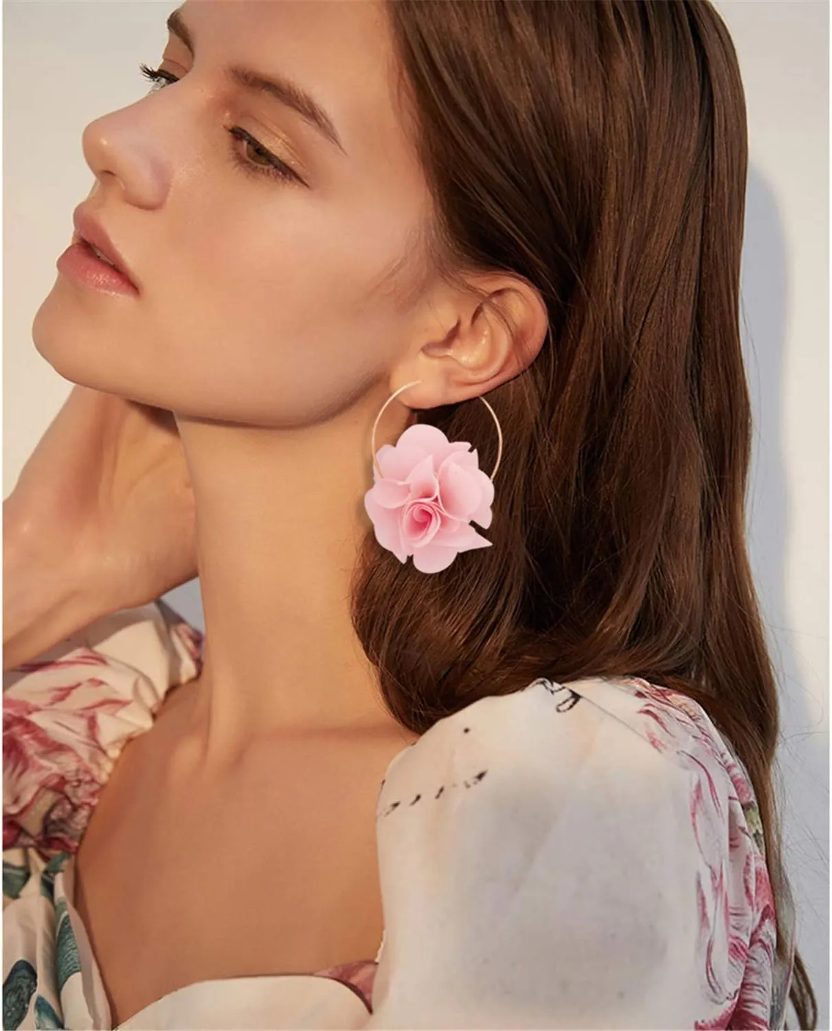 Lightweight Bohemian Big Fabric Flowers Dangle Drop Earrings Handmade Charm Chic Petal Hoop Earrings with Chiffon Floral Tassel for Women Vacation Wedding