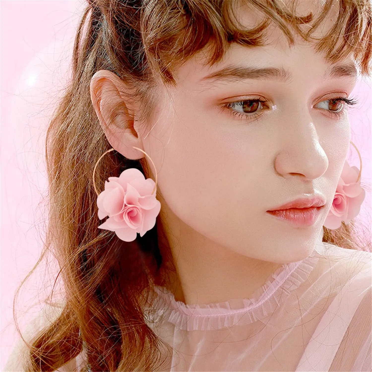 Lightweight Bohemian Big Fabric Flowers Dangle Drop Earrings Handmade Charm Chic Petal Hoop Earrings with Chiffon Floral Tassel for Women Vacation Wedding