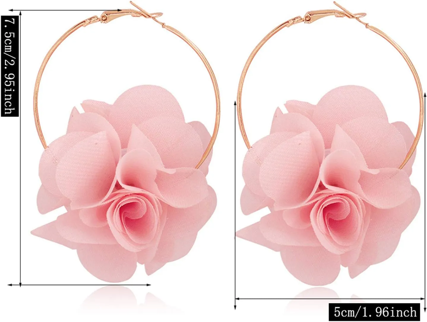 Lightweight Bohemian Big Fabric Flowers Dangle Drop Earrings Handmade Charm Chic Petal Hoop Earrings with Chiffon Floral Tassel for Women Vacation Wedding