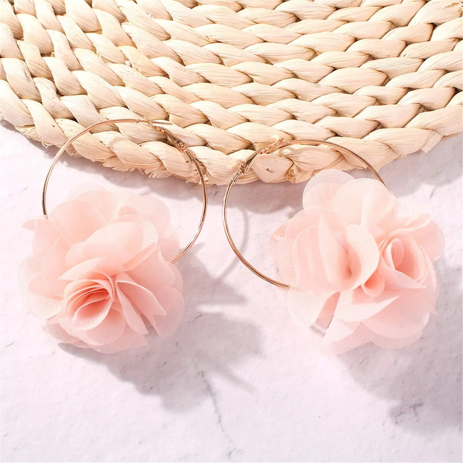 Lightweight Bohemian Big Fabric Flowers Dangle Drop Earrings Handmade Charm Chic Petal Hoop Earrings with Chiffon Floral Tassel for Women Vacation Wedding