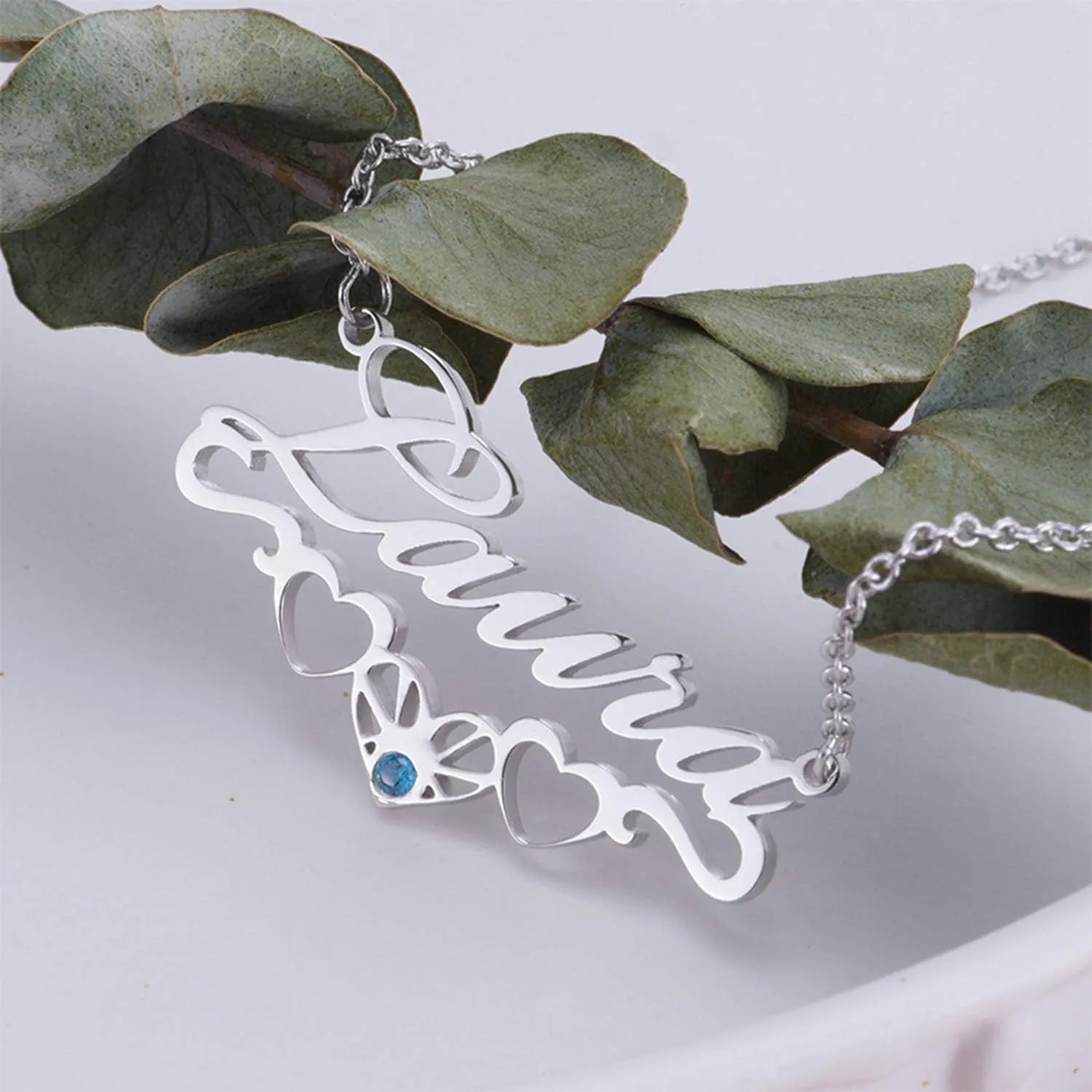 LONAGO Name Necklace Personalized, Custom Name Necklaces with Synthetic Birthstone Gift for Women