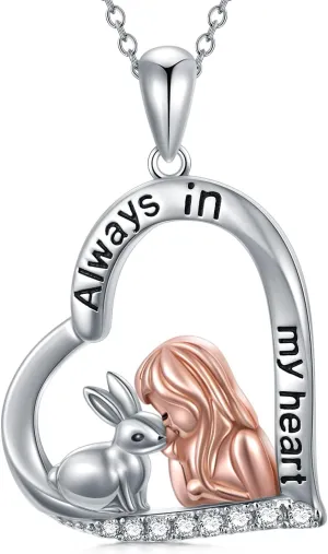 LONAGO Rabbit Heart Pendant Necklace Sterling Silver Bunny Pendant Necklaces Gift for Women Daughter
