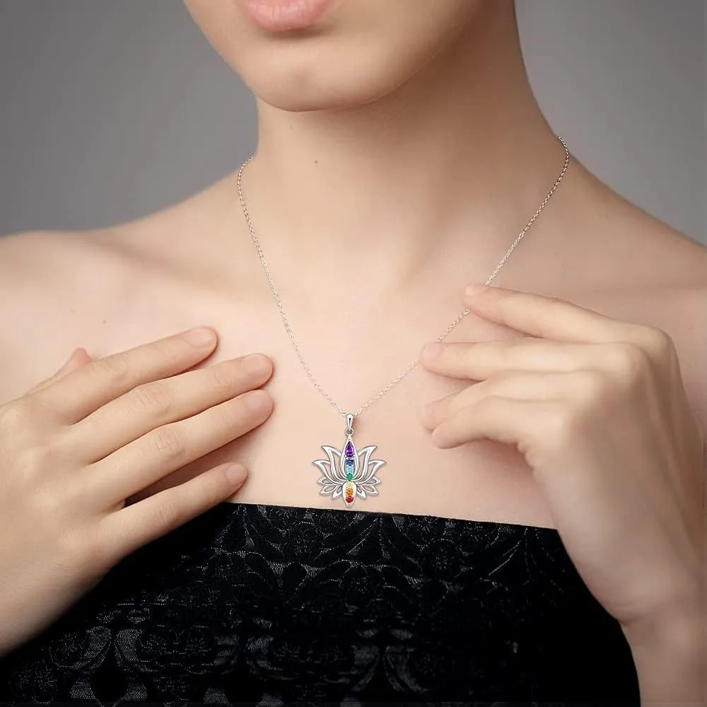 Lotus Flower 7 Chakra Necklace Sterling Silver Yoga Lotus Pendant Chakra Necklaces for Women Balance