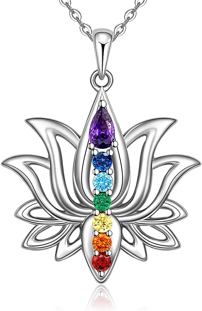 Lotus Flower 7 Chakra Necklace Sterling Silver Yoga Lotus Pendant Chakra Necklaces for Women Balance