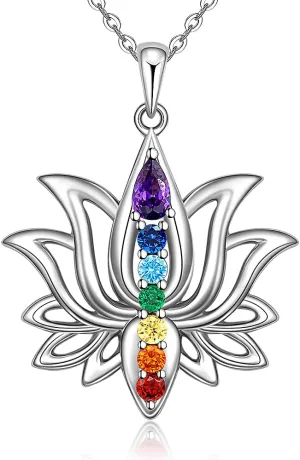 Lotus Flower 7 Chakra Necklace Sterling Silver Yoga Lotus Pendant Chakra Necklaces for Women Balance