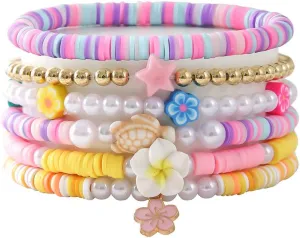 Lovely Heishi Bracelets Set Tropical Flower Colorful Soft Clay Bracelet Shell Star Boho Pearl Summer Flower Charm Luau Beach Party Accessories for Women Friends Beaded Turtle Polymer Clay Bracelets Gifts Birthday Unique Jewelry