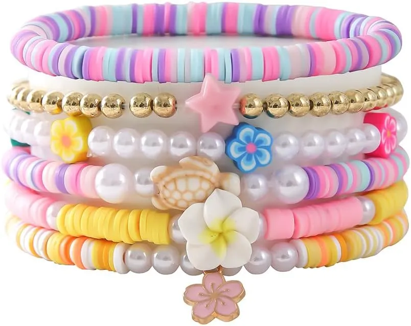 Lovely Heishi Bracelets Set Tropical Flower Colorful Soft Clay Bracelet Shell Star Boho Pearl Summer Flower Charm Luau Beach Party Accessories for Women Friends Beaded Turtle Polymer Clay Bracelets Gifts Birthday Unique Jewelry