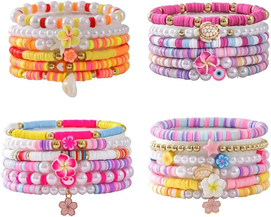 Lovely Heishi Bracelets Set Tropical Flower Colorful Soft Clay Bracelet Shell Star Boho Pearl Summer Flower Charm Luau Beach Party Accessories for Women Friends Beaded Turtle Polymer Clay Bracelets Gifts Birthday Unique Jewelry
