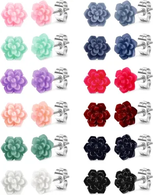 LOYALLOOK 12Pairs Chic Cute Boho Assorted Colors Resin Succulent Flower Earring Studs Set for Women Floral Blooming 3D Carved Succulent Flower Stud Earrings with Stainless Steel Post