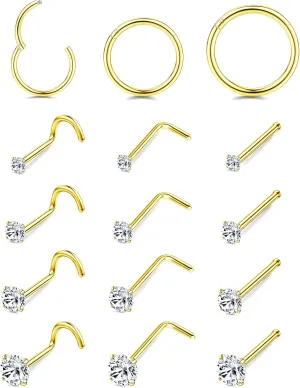LOYALLOOK 15Pcs 20G 18G Nose Rings Studs 316L Surgical Steel Gold Nose Rings for Women Men Hypoallergenic Hinged Seamless Clicker Segment Nose Rings Hoops 6mm 8mm 10mm Helix Cartilage Tragus Conch Hoop Earrings 1.5mm-3mm Clear CZ